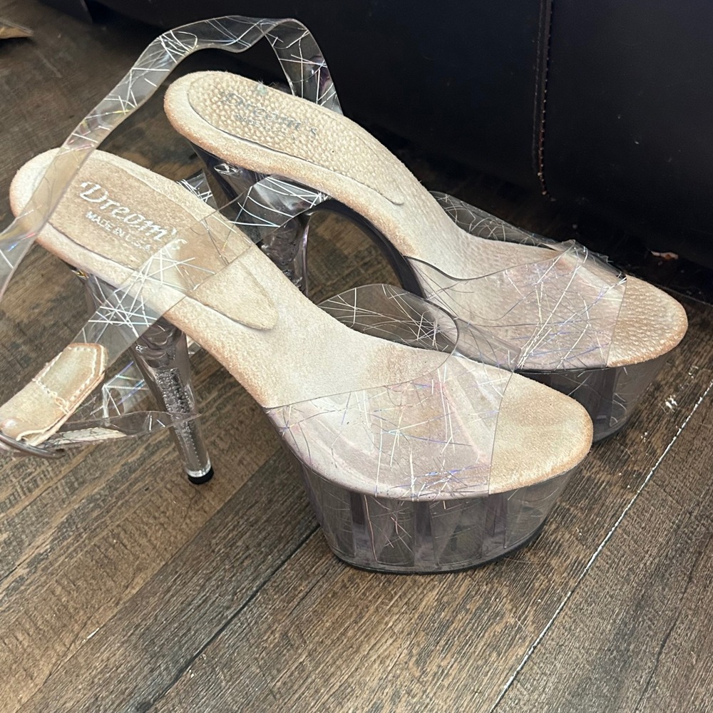 Dream's Clear Holographic Platform Sandals Ankle Strap Exotic Dance Heels Size 8